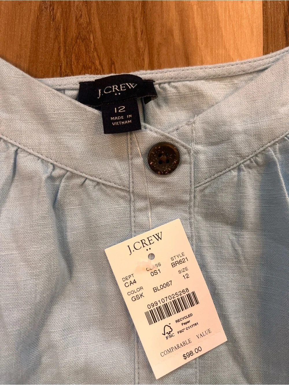 $98 NEW J Crew 12 Linen Blend Button Front Mini Dress Sky Blue Tiered Coquette